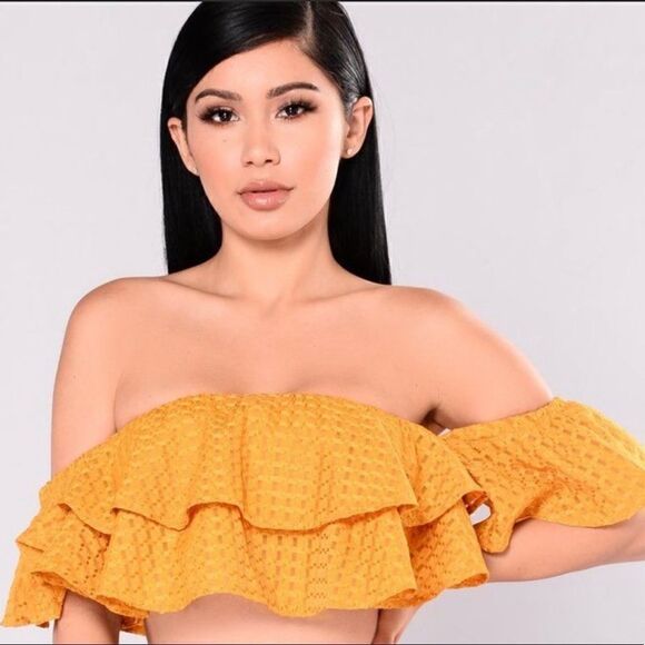 Fashion Nova NEW "Best of Me Ruffle" Mustard Crop top Medium - Picture 1 of 10